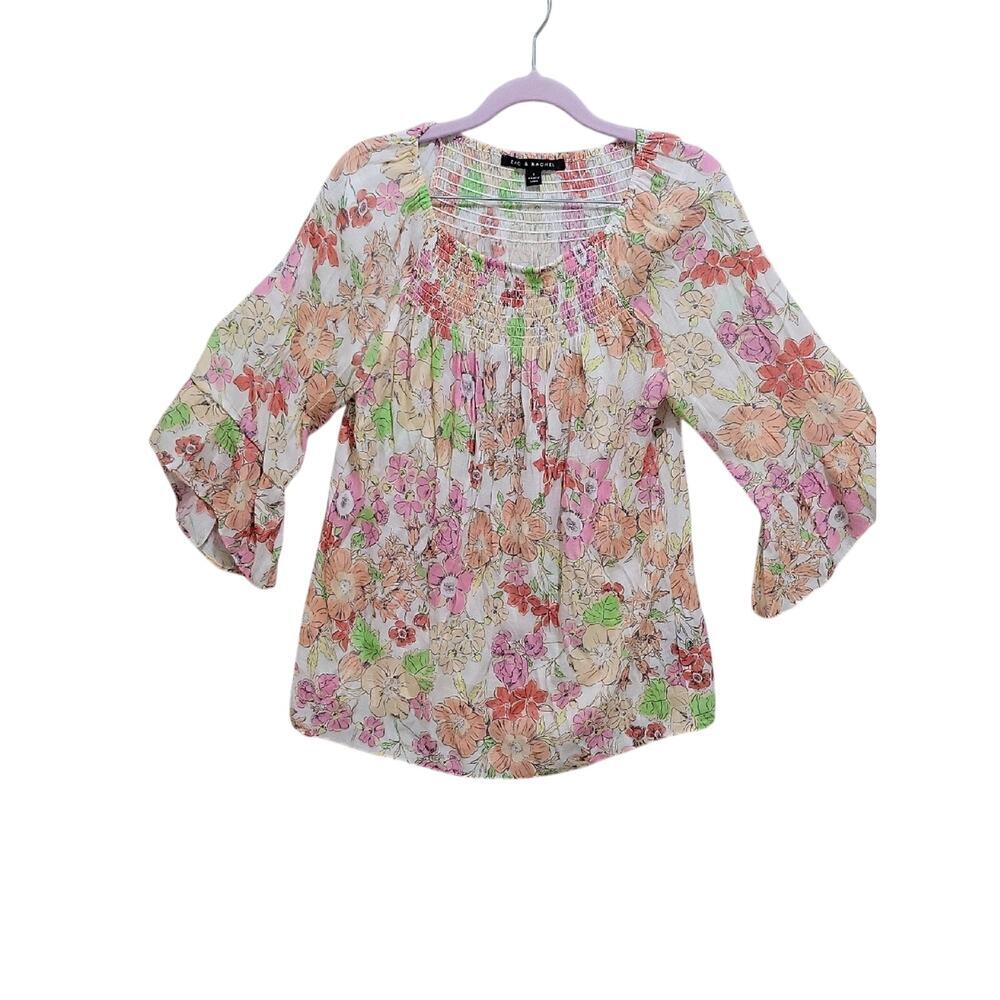 Zac & Rachel Gauzey Floral Smocked Peasant Blouse in Pink, Peach & Green Sz S